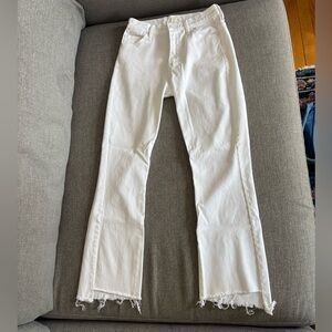 Mother Denim: Insider Crop Step Fray Jean in “Glass Slipper” (white).